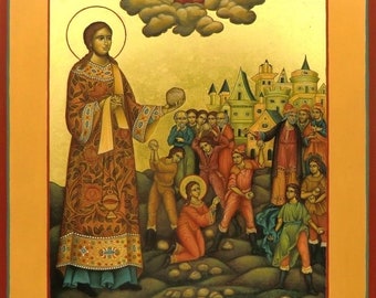 Icona fatta a mano / La lapidazione di Santo Stefano. Il martirio di Santo Stefano. Santo Stefano. Santo Stefano. San Paolo Apostolo