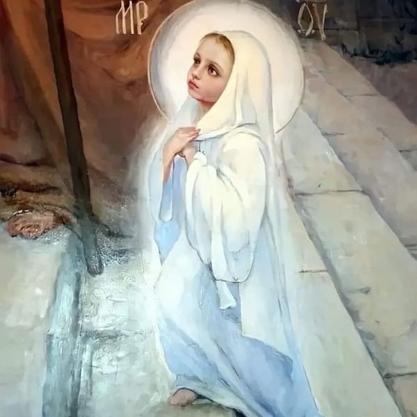 Icona montata realizzata a mano / L'ingresso della Theotokos nel Tempio. Vergine Maria giovane. Santa Maria