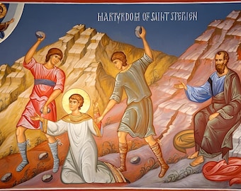 Icona fatta a mano / La lapidazione di Santo Stefano. Il martirio di Santo Stefano. Santo Stefano. Santo Stefano. San Paolo Apostolo