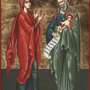 Handmade Mounted Icon | St Simeon and St Anna with Jesus Christ the Infant In The Temple. The Presentation of Christ at the Temple
