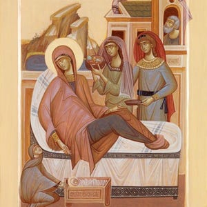 May include: A religious icon depicting the Nativity of the Theotokos, a scene from the Orthodox Christian tradition. The icon features a woman lying in a bed, with two other figures standing nearby. The woman is wearing a pink robe and a blue head covering. The figures standing nearby are wearing blue and green robes. The icon is painted in a traditional style, with bright colours and gold accents.