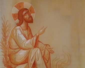 May include: A painting of a man with a halo, wearing a white robe, sitting on a rock with his hands raised. The background is a light orange color.