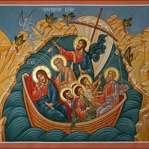 Handmade Mounted Icon | Jesus Calms the Storm. Jesus in the Boat.
