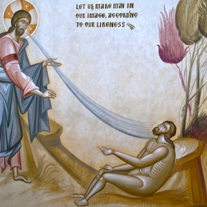 Handmade Mounted Icon | The Creation of Adam. The Creation of Man. Christ and Adam. Creation