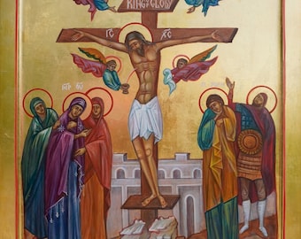 Handmade Mounted Icon | The Crucifixion of Lord Jesus Christ The Cross The Theotokos St John the Evangelist St Longinus St Mary Magdalene