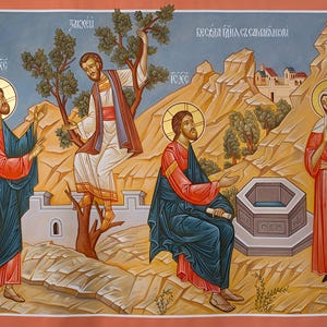 Handmade Mounted Icon | Jesus Christ Calling The Samaritan Woman St Photini and St Zacchaeus of Jerusalem The Apostle