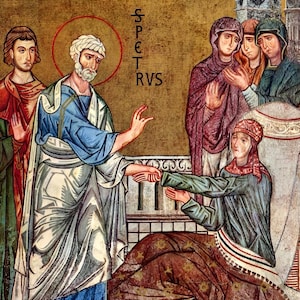 May include: A mosaic depicting a religious scene with figures in robes. A man in blue gestures towards a woman kneeling, with others observing. The background is gold with Latin text and the word "PETRVS".