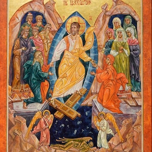May include: Religious icon depicting the resurrection. Jesus, in a golden robe, rises from a tomb, surrounded by figures in various garments. The text "THE RESURRECTION" is at the top. Angels and a cross are also present.