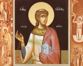 Handgefertigte montierte Ikone | St. Stephan der Protomartyr. Der erste Märtyrer. Leben des heiligen Stephanus. Apostel Paulus