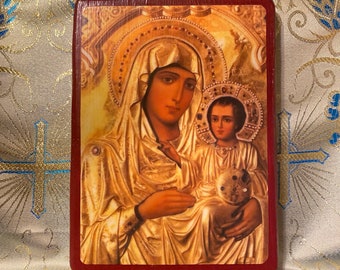 Handmade Mounted Icon | Theotokos of Jerusalem. Virgin Mary. Mother of God. Mother and Child.