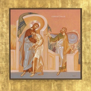 Handmade Mounted Icon | The Parable of the Prodigal Son & The Older Brother. Jesus Christ