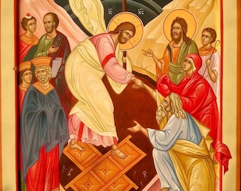 May include: A religious icon depicting Jesus Christ ascending to heaven, with angels and other figures surrounding him. The icon is painted in a traditional style with vibrant colors and intricate details. The text "IC XC" is visible on the cross.