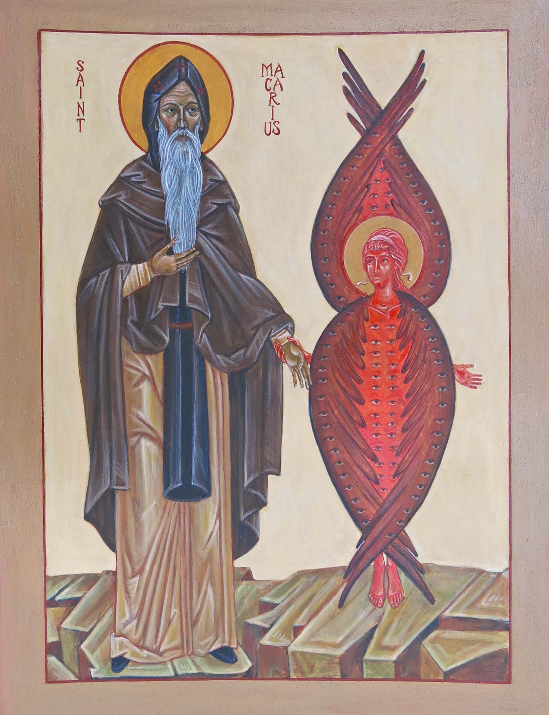 Handmade Mounted Icon | St Macarius the Great of Egypt and the Cherubim