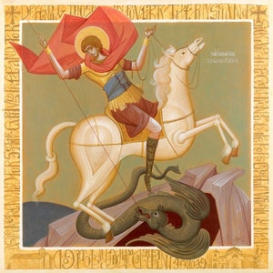 Handmade Mounted Icon | St George the Great Martyr. St George and the Dragon.