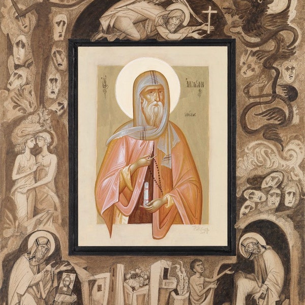 Handmade Mounted Icon | St. Anthony the Great of Egypt. The Story of St. Anthony. The Life of St. Anthony.