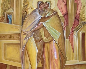 Icono montado a mano / La Visitación de la Santísima Theotokos Virgen María a Santa Isabel, Madre de San Juan Bautista