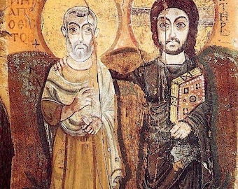 Handmade Mounted Icon | Jesus Christ and St. Means. St. Mina. The Embrace of Christ