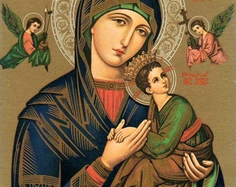 Handmade Mounted Icon | Jesus Christ and the Theotokos St. Mary. Our Lady of Perpetual Help.