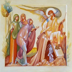 Handmade Mounted Icon | The Myrrh Bearing Women at the Tomb. Myrrh Bearers. He is not here, He is Risen! Resurrection. Anastasis.