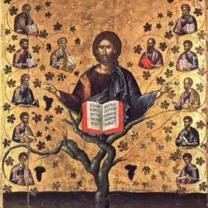 Handmade Mounted Icon | Jesus Christ the Vine and the 12 Apostles/Disciples the Branches. The Vine and the Branches.