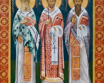 Icono montado a mano / Los Tres Santos Jerarcas: San Juan Crisóstomo, San Basilio el Grande y San Gregorio el Teólogo