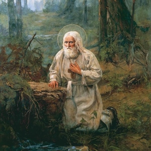 Ręcznie wykonana ikona | Modlitwa św. Serafina z Sarowa na skale przez tysiąc (tysiąc) nocy