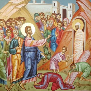 Handmade Mounted Icon | Raising Lazarus. Mary and Martha. &quot;Lazarus, Come Forth!&quot;