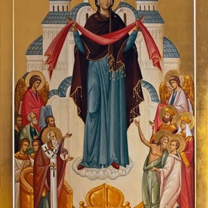 Handmade Mounted Icon | The Protection of the Theotokos St Mary, the Mother of God