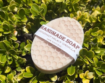 Jabón orgánico de cera de abejas hecho a mano / Leche de coco y vainilla 100% natural sin SLS/SLES
