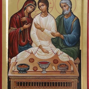Handmade Mounted Icon | The Holy Family. Jesus Christ, the Theotokos Virgin St Mary and St Joseph the Betrothed