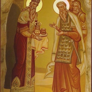 Handmade Mounted Icon | Abraham the Patriarch and Melchizedek the King of Salem and Priest of El Elyon (The Most High God) Genesis 14:18-20