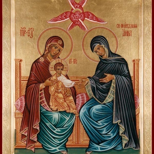 Handmade Mounted Icon | Jesus Christ With St Anna and The Mother of the God, the Virgin Mary. Theotokos and The Grandmother of Christ.