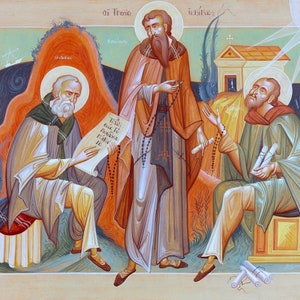 Handmade Mounted Icon | The Three Holy Hierarchs. St John Chrysostom, St Basil the Great & St Gregory the Theologian