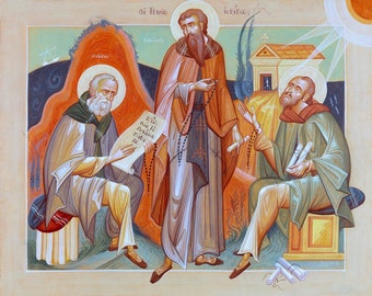 Icono montado a mano / Los tres santos jerarcas. San Juan Crisóstomo, San Basilio el Grande y San Gregorio el Teólogo