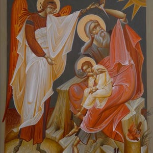 Handgjord monterad ikon | Abrahams offer. Heliga patriarkerna Abraham och Isak.