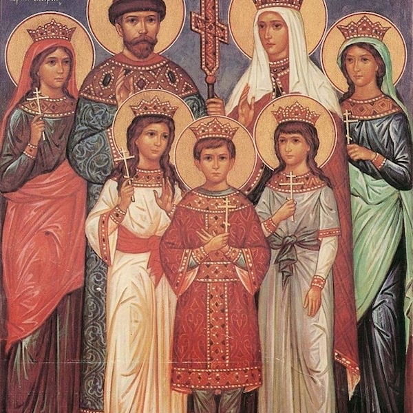 Handmade Mounted Icon | The Royal Family Martyrs, the Romanovs — Tsar Nicholas, his wife Alexandra; Alexei, Olga, Tatiana, Maria & Anastasia