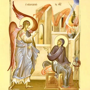 Handgefertigte Symbol | Die Verkündigung. Empfängnis Christi durch die Allerheiligste Theotokos. Erzengel Gabriel & Maria.