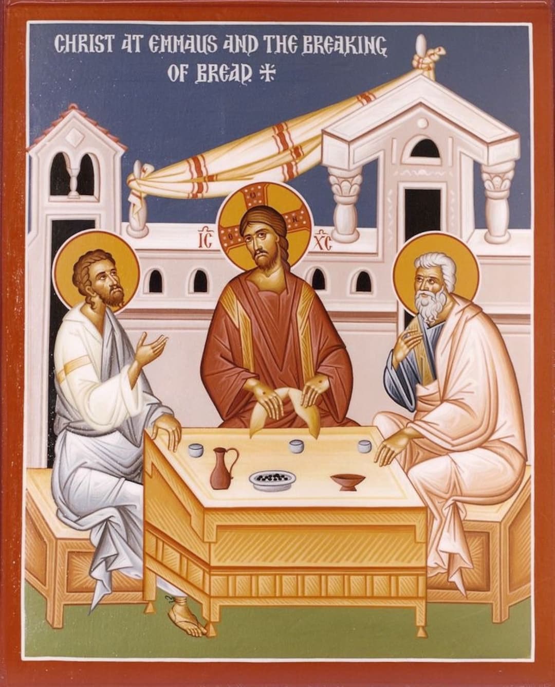 Handmade Mounted Icon the Disciples of Emmaus. Christ at the Breaking