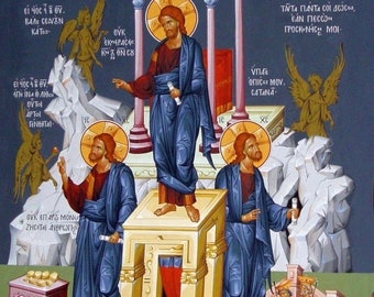 Icono montado a mano / La Tentación de Cristo. 40 días. Santa Cuaresma. Cristo tentado por el diablo en el desierto.