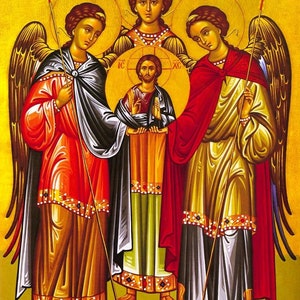 Handmade Mounted Icon | Synaxis of the Three Holy Archangels Michael, Gabriel and Raphael