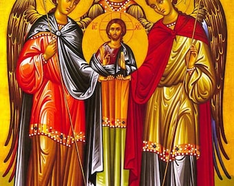 Handmade Mounted Icon | Synaxis of the Three Holy Archangels Michael, Gabriel and Raphael.