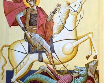 Handmade Mounted Icon | St George the Great Martyr. St George and the Dragon.