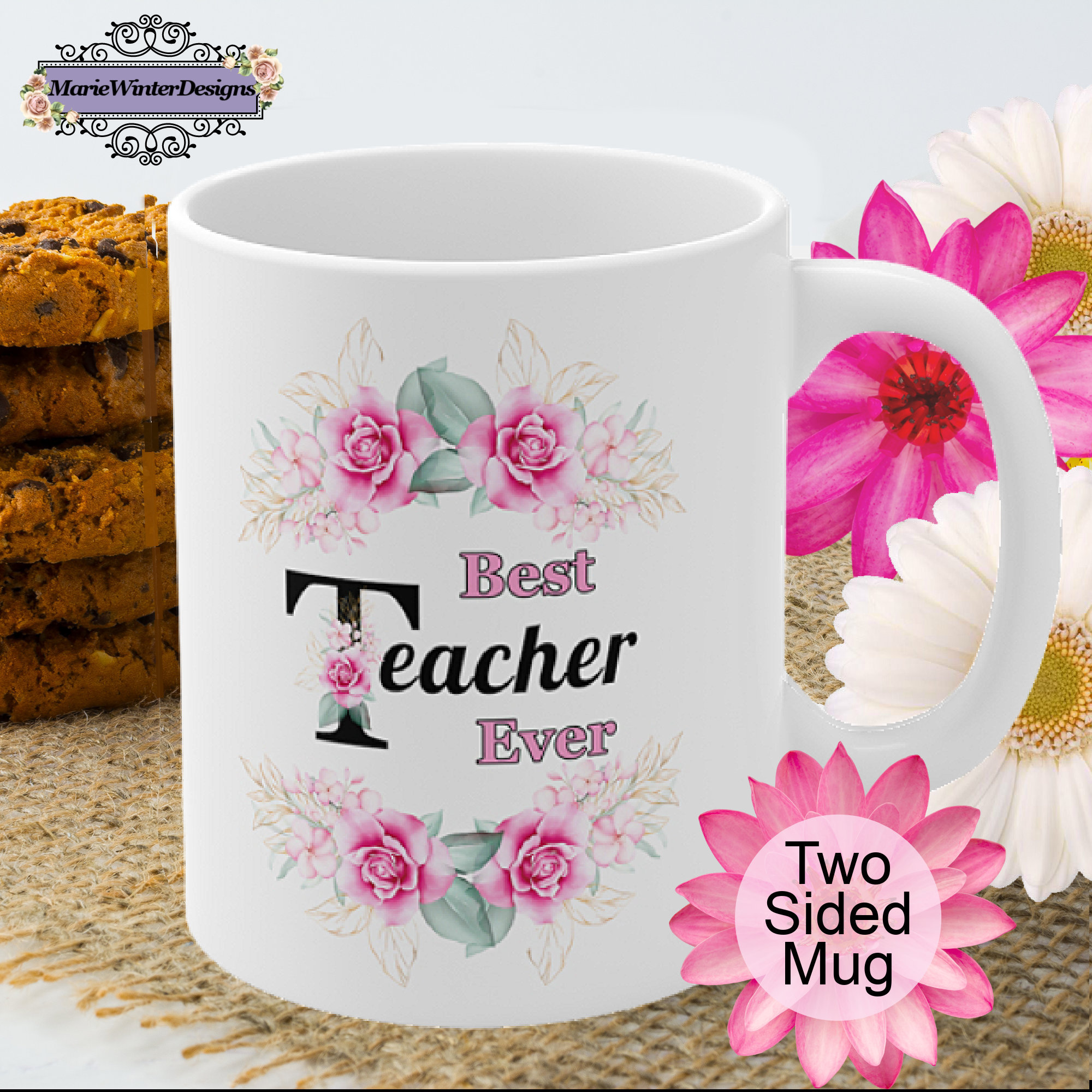 Best Teacher Ever Mug Double Sided Floral Spring Cup Etsy