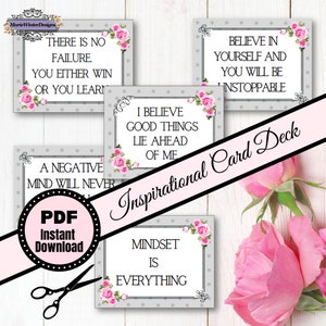 Conjunto de 56 cartões inspiradores para impressão | baralho de cartas de mentalidade | Cartões motivacionais diários | Cartões de afirmação para mulheres