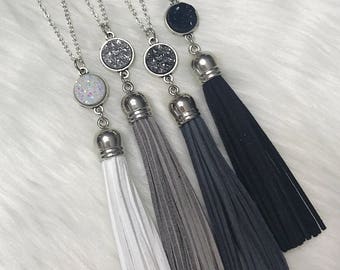 Long Silver Druzy Tassel Necklaces - Neutrals