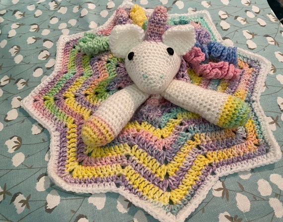 Hand Crocheted Unicorn Lovey Blanket