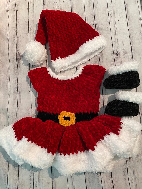 Velvety Christmas Dress with Matching Hat and Boots