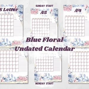 Blauer undatierter Monatskalender zum Ausdrucken | US Letter, A4 und A5