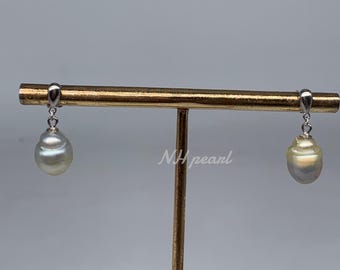 9mm South Sea Pearl Earrings: S925 Sterling Silver Dangle Earrings