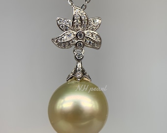 Collar de perlas doradas del Mar del Sur: colgante de flor S925, elegante perla de agua de mar